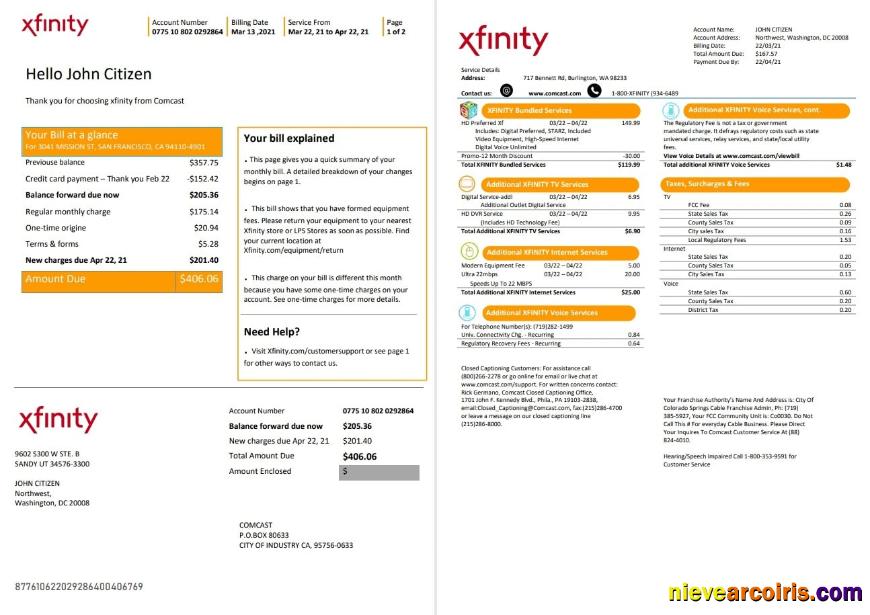 USA San Francisco Xfinity Comcast utility bill 2 pages